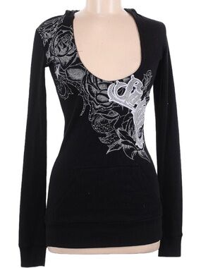 Black Long-Sleeve Scoop Neck Top with Silver Floral Graphic
